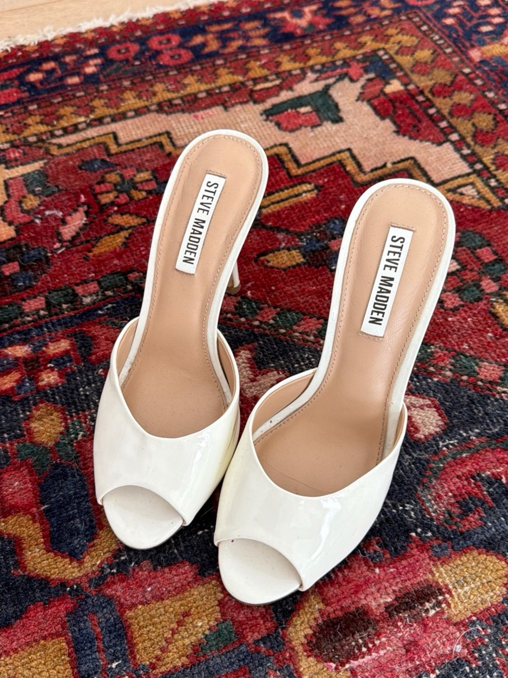 Steve Madden White Patent Open-Toe Slip-On Mules